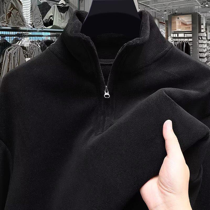 Autumn/Winter Men's Stand Collar Half-Zip Fleece Hoodie - European Size Double-Sided Warm Base Layer