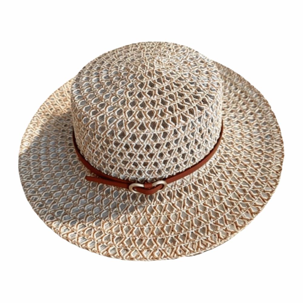Woven Flat Top Hat Buckle Decorated Band Flat Brim Hat Versatile Straw Hat Daily Matching
