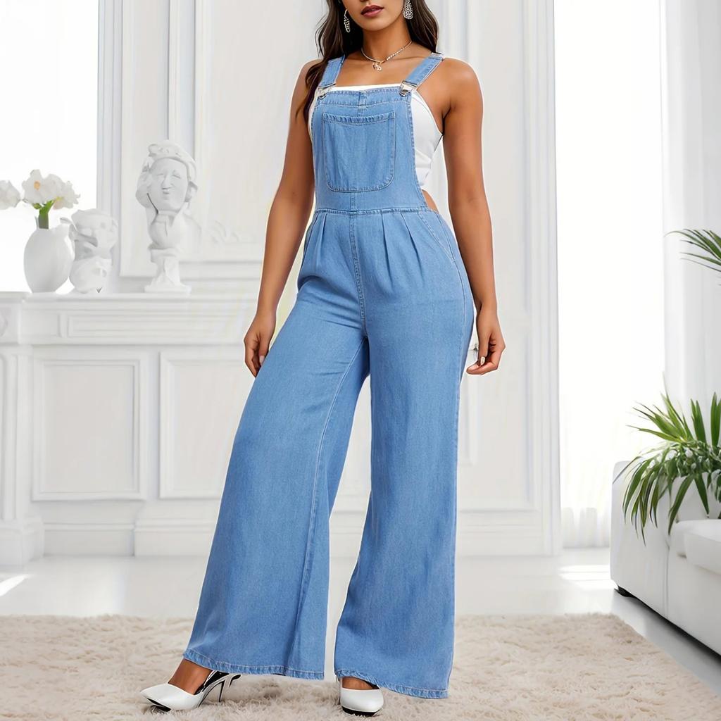 Women's Fashion Trendy Casual Fashion Wide Leg Strap Jeans