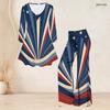 Women Plus Size Beige Printed Two Piece Set V Neck Long Sleeve Flared Top And Flared Pants