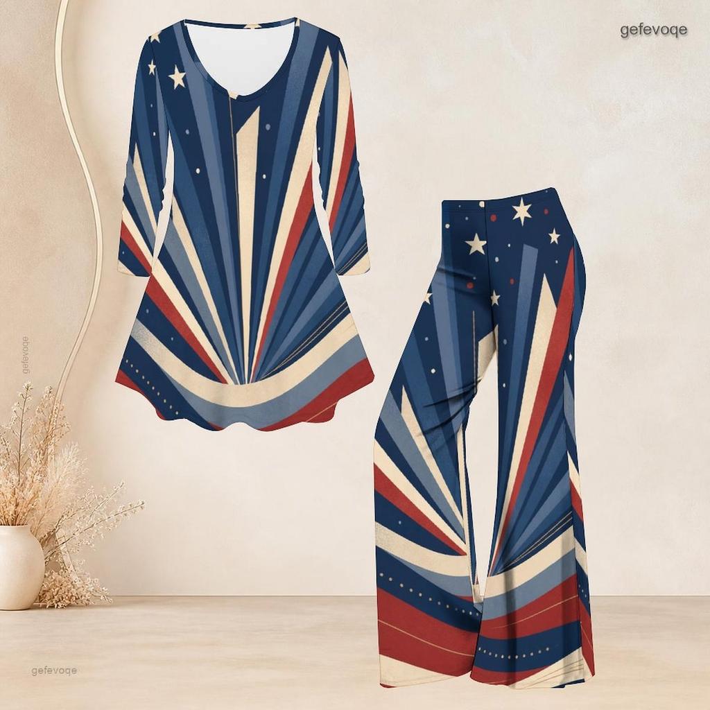 Women Plus Size Beige Printed Two Piece Set V Neck Long Sleeve Flared Top And Flared Pants