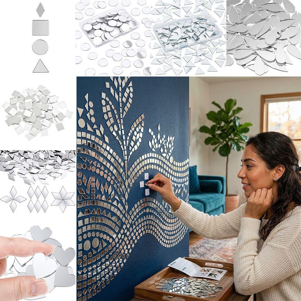 200PCS Multi Shape DIY Craft Mirror Stickers Acrylic Round Square Triangle Mirror Tiles Decals Adhesive Backing 2.5cm