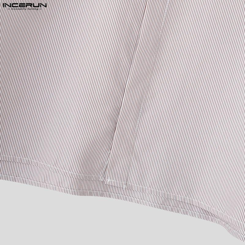 INCERUN Oversized Men Casual Loose Long Sleeve Striped Print Short Shirts Tops