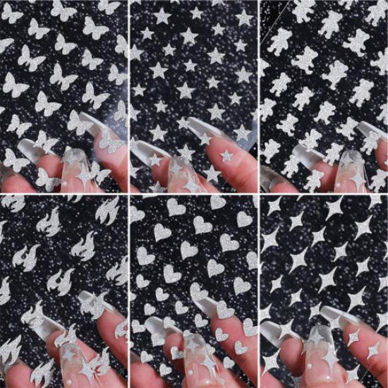 3D Nail Stickers Silver Glitter Nail Decoration Star Heart Transfer Nail Decals^