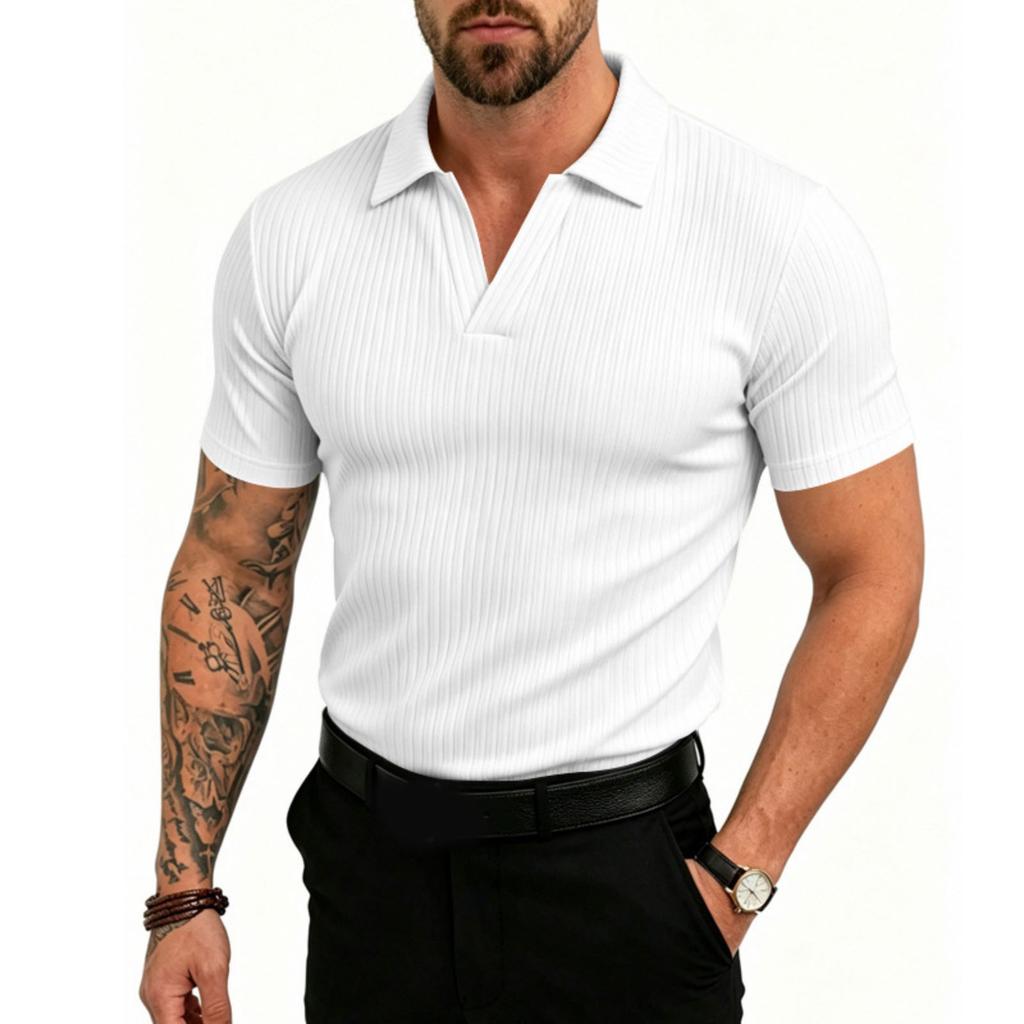 Men's Stretch Breathable Polo Shirt V Neck Ribbed Knit Short Sleeve T Shirt Casual Lightweight Summer Top