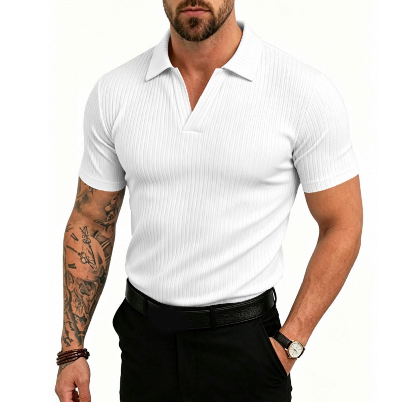 Herren Stretch Atmungsaktives Poloshirt V-Ausschnitt Gerippt Kurzarm T-Shirt Lässig Leichtes Sommer Top M weiß