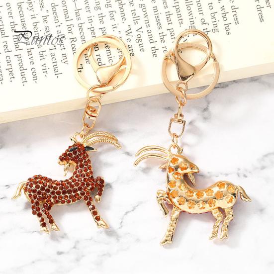 Decorative Backpack Accessory Goat Keychain with Sparkling Rhinestone, Golden Plated Sheep Alloy Rhinestone Keyring, Bling Animal Pendant for Handbag