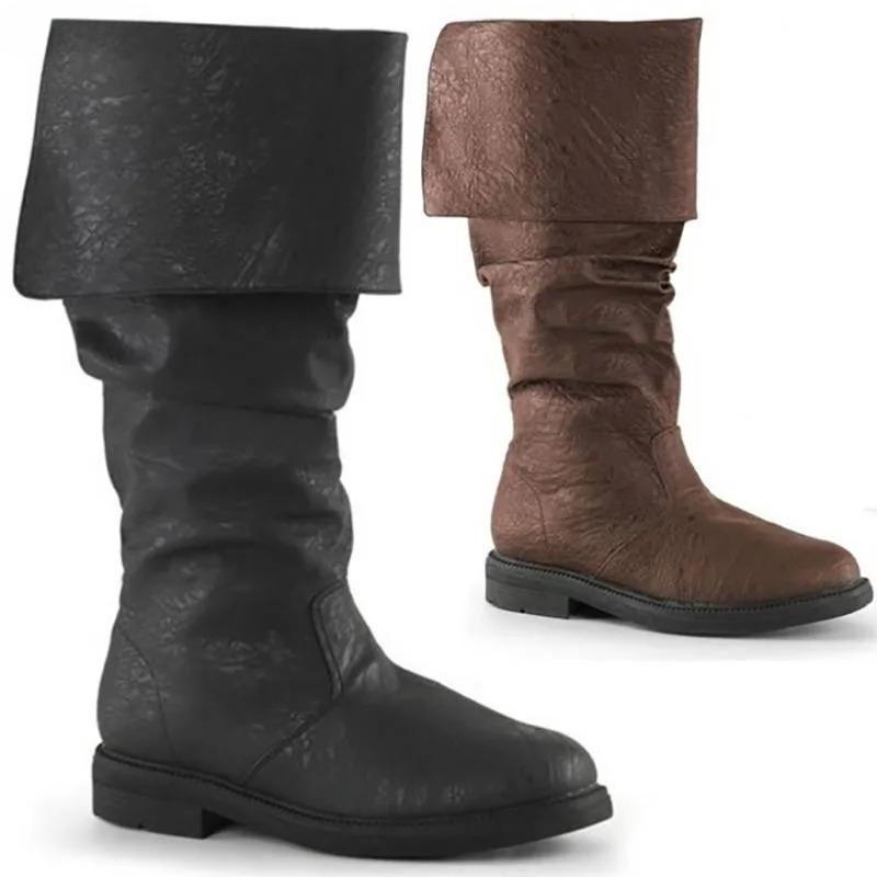 Sapatos Medievais Masculinos Femininos Botas de Cano Alto Botas Planas Masculinas Retrô Cowboy Couro Sintético Preto Marrom Cosplay