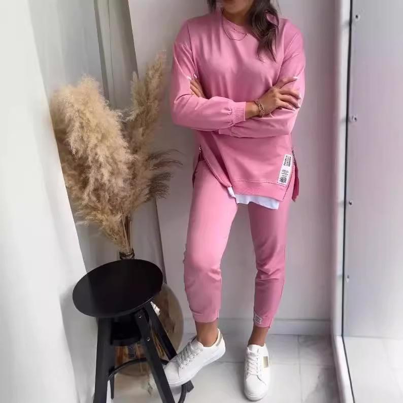 

Женский комплект с черным топом с длинным рукавом и брюками, повседневный эластичный наряд с ожерельем, модная домашняя одежда S розовый
