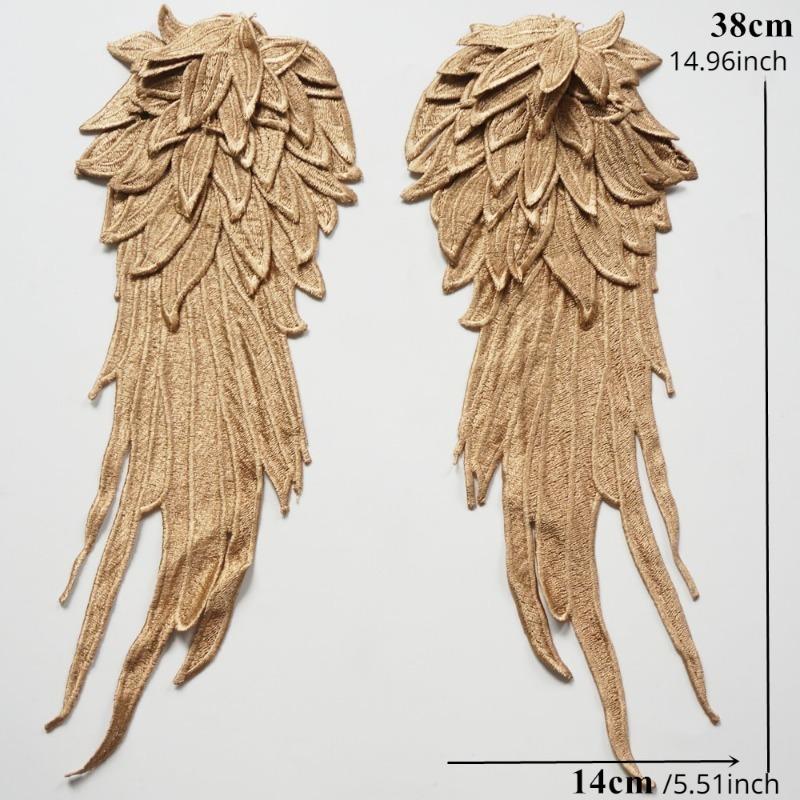 1Pair Gold Brown Embroidery Angel Wing Applique Sewing Flower Collar Patch for Wedding Party Gown Bridal Dress Clothes DIY Crafts