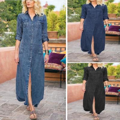 Womens Denim Shirt Dress Vintage Lapel Long Sleeve Casual Button Down Maxi Jean Dresses