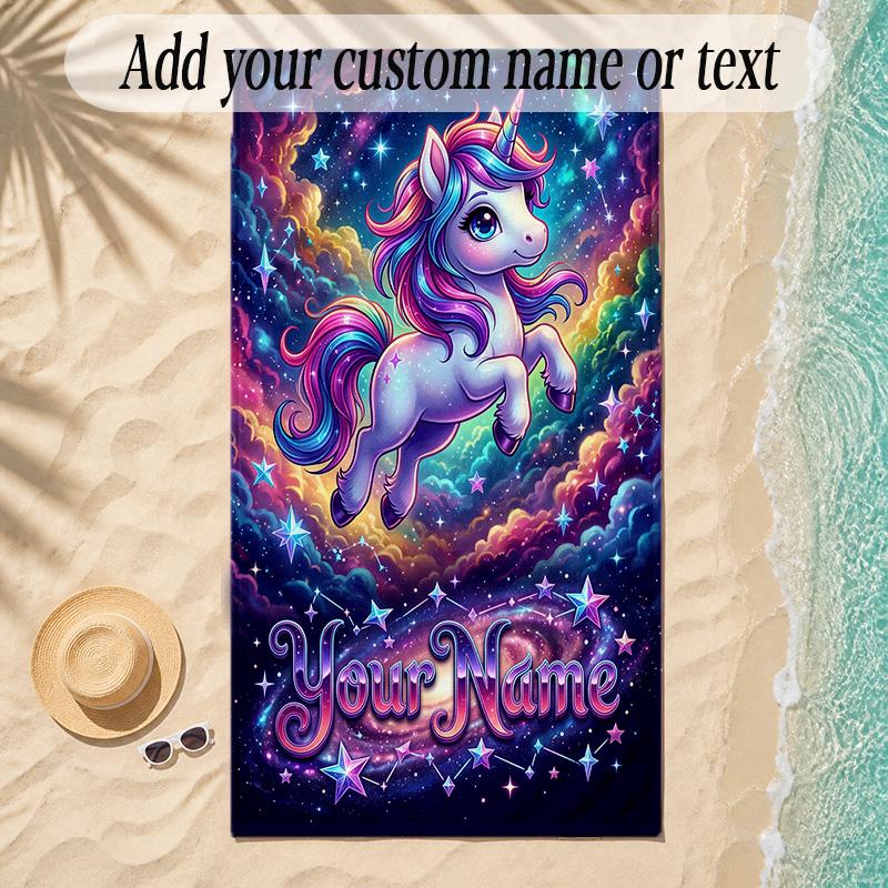Unicorn Theme Soft Beach Towel Personalized Custom Name Text Towel Portable for Beach Pool Travel