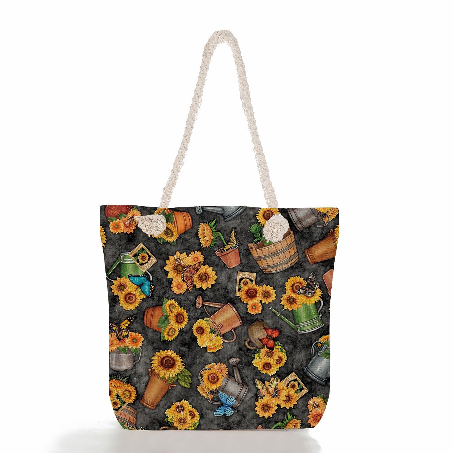 Multifunctional sunflower Printed Thick Rope Shoulder Beach Bag Casual large capacity handbag 7622
