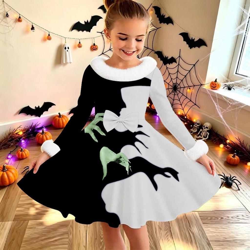 Kids Long Sleeve Christmas Dress, Halloween Print Faux Fur Collar Bow Decor Princess Dresses for Girl Holiday Party Wear