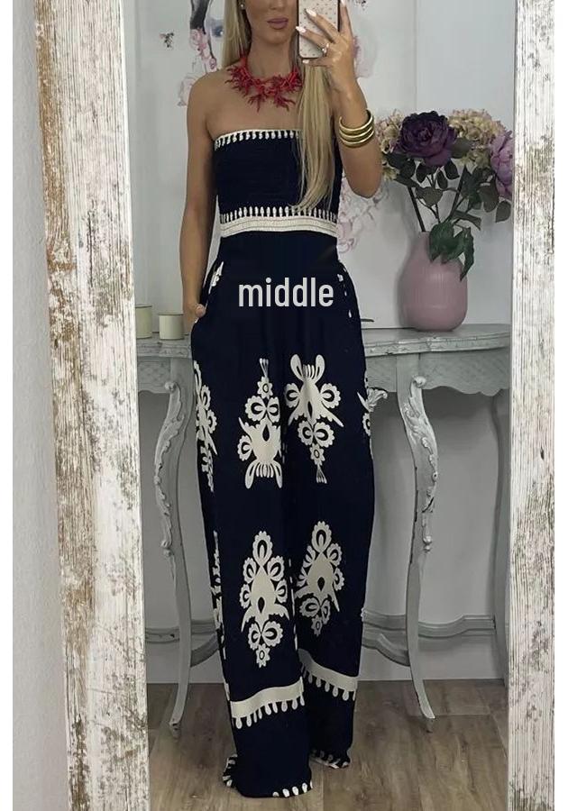 

2023 European & American Street Fashion Bandeau Print Jumpsuit with High-Waisted Casual Pants for Women Medium чёрный