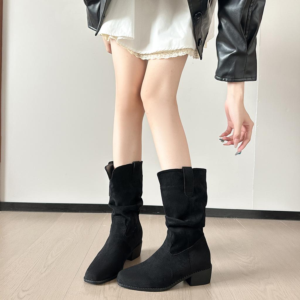 [New Products In Autumn and Winter] Pleated Stacking Boots Thick Heel V-mouth Thin and Versatile Medium Tube American Retro Western Cowboy Boots