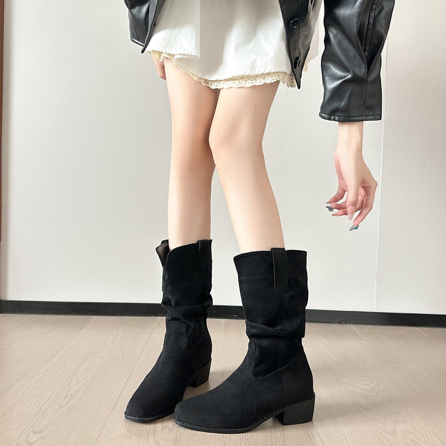 

[Новинки осени и зимы] Плиссированные ботфорты на толстом каблуке с V-образным вырезом, тонкие и универсальные, средней длины голенища, американские ретро ковбойские сапоги в стиле вестерн 39