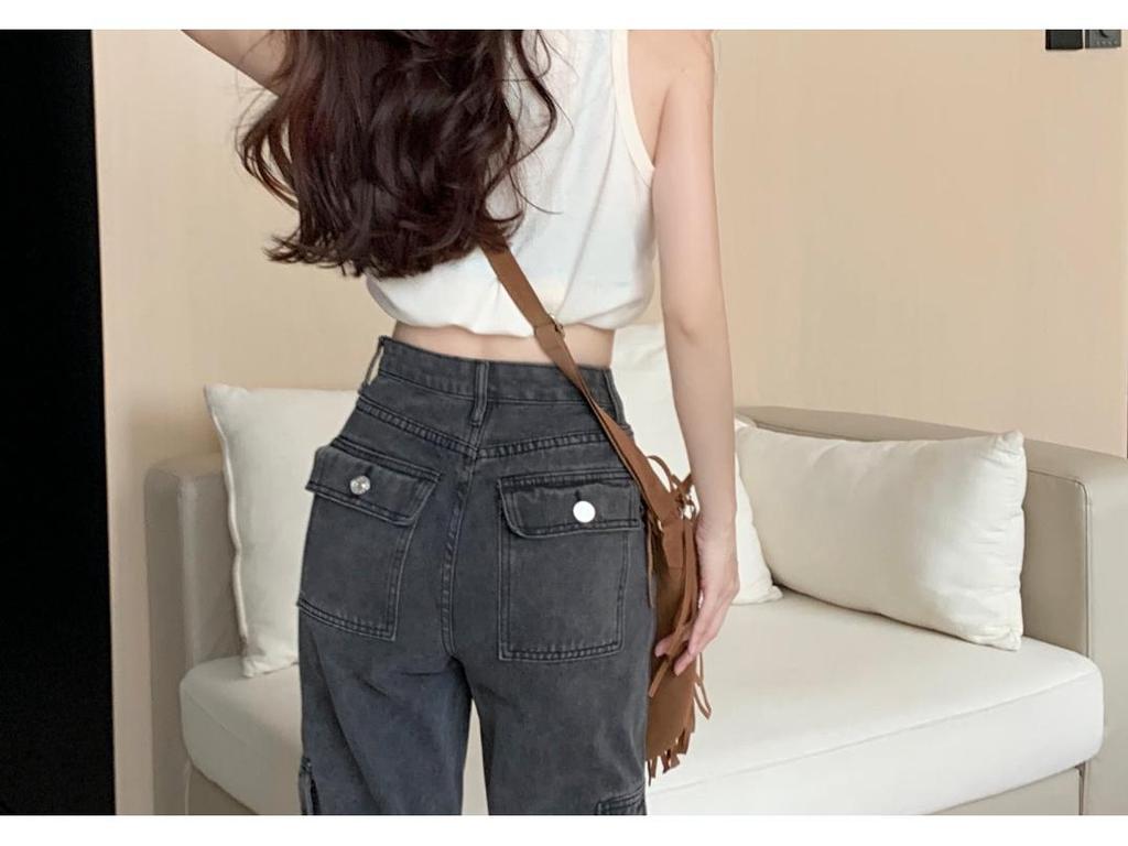 Spring-Autumn Retro Denim Cargo Pants: Stylish Women's Loose Straight-Leg, Multi-Pocket Design