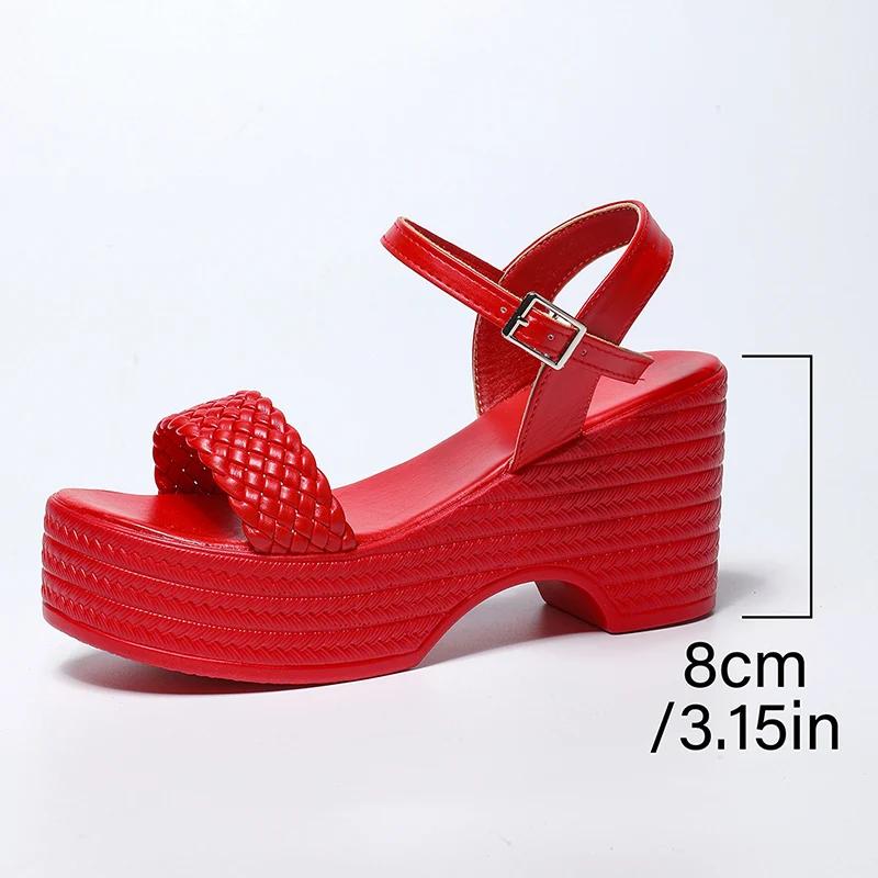 Red Ankle Strap Chunky Platform Sandals for Women Fashion Woven Wedge Heel Sandals Woman Summer 2025 Thick Sole Sandalias Mujer