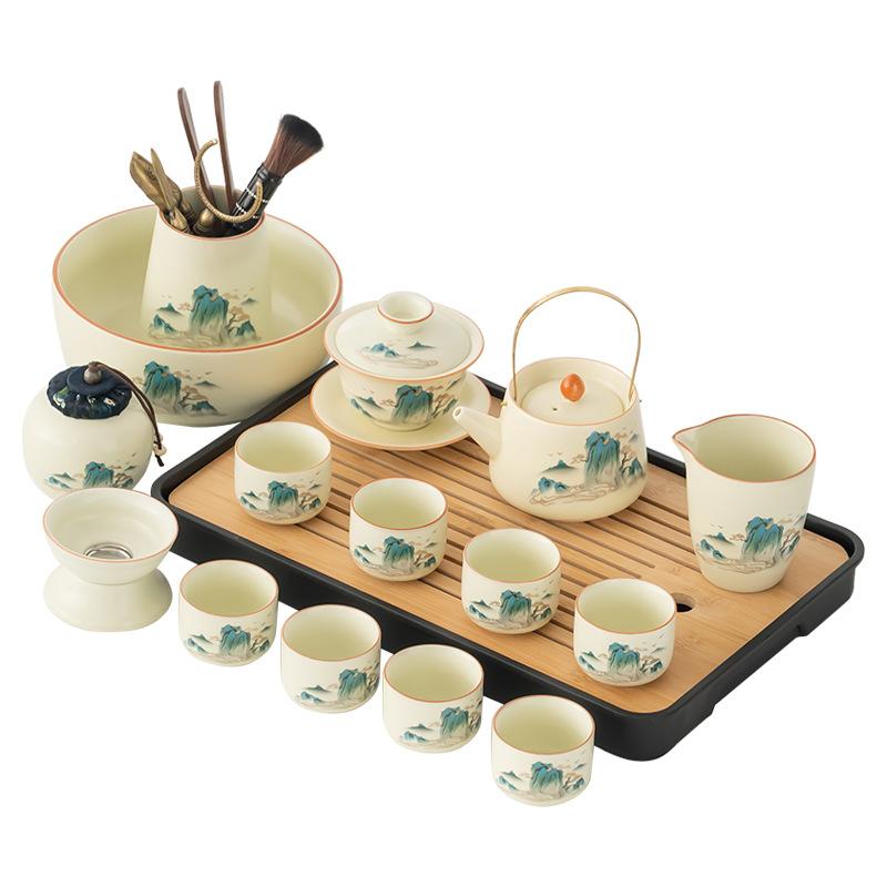 Chinese Ru Kiln Splendid Mountains and Rivers Kung Fu Tea Set Household High-end Brewing Teapot with Tea Tray Business Meeting