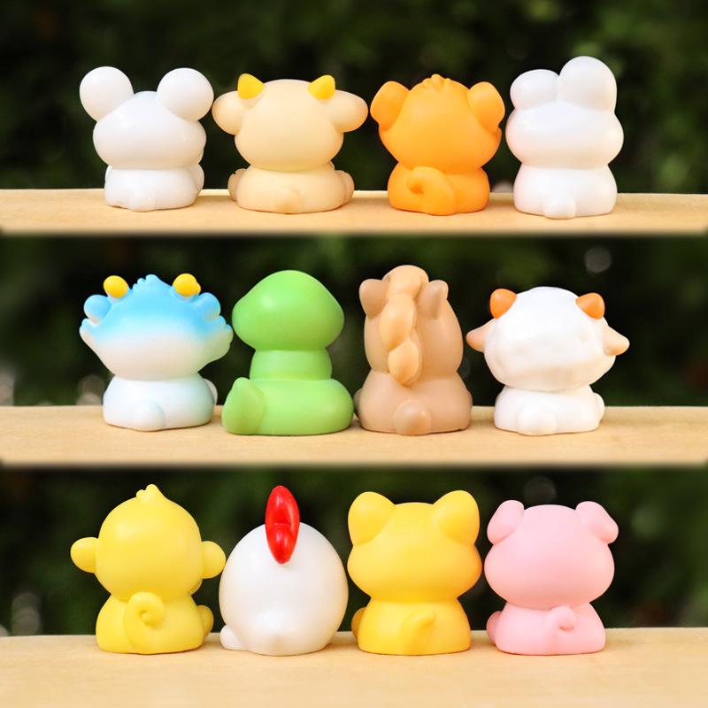 Cartoon Zodiac Animals Resin Figurines: Rat, Ox, Tiger, Rabbit, Dragon, Snake, Horse, Sheep