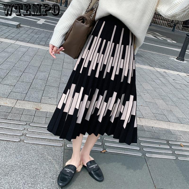 Thickened Autumn/Winter Knitted Skirt for Women High Waist Striped Knitted Pleated Skirt