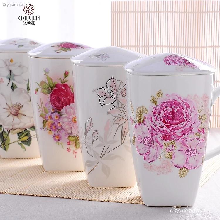 700 ml, Kubki z Prawdziwej Porcelany Kostnej z Pokrywką, Kubek do Kawy Śmieszny Kubek, Urocze Duże Kubki do Kawy z Kwiatowym Malunkiem, Ceramiczny Kubek Idealny Prezent