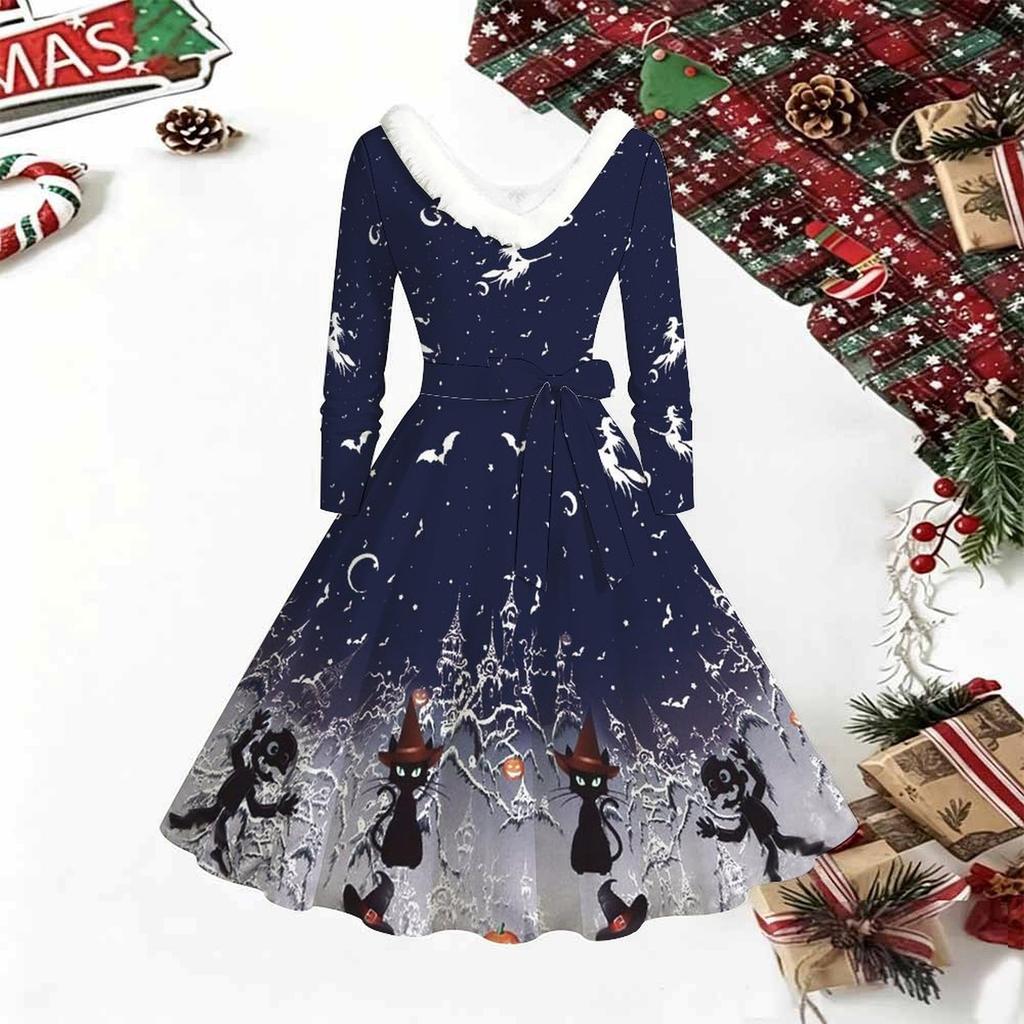 Women Halloween Skeleton Print Midi Dress, Long Sleeve V‑Neck Furry Trim A‑Line Party Dress, Christmas Limited Edition