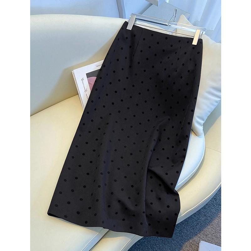 Damen-Polka-Dot-Rock mit hohem Bund und schmaler Passform - Frühling & Herbst 2025, Französische Eleganz, Hüftbetont, Halblang mit Schlitz