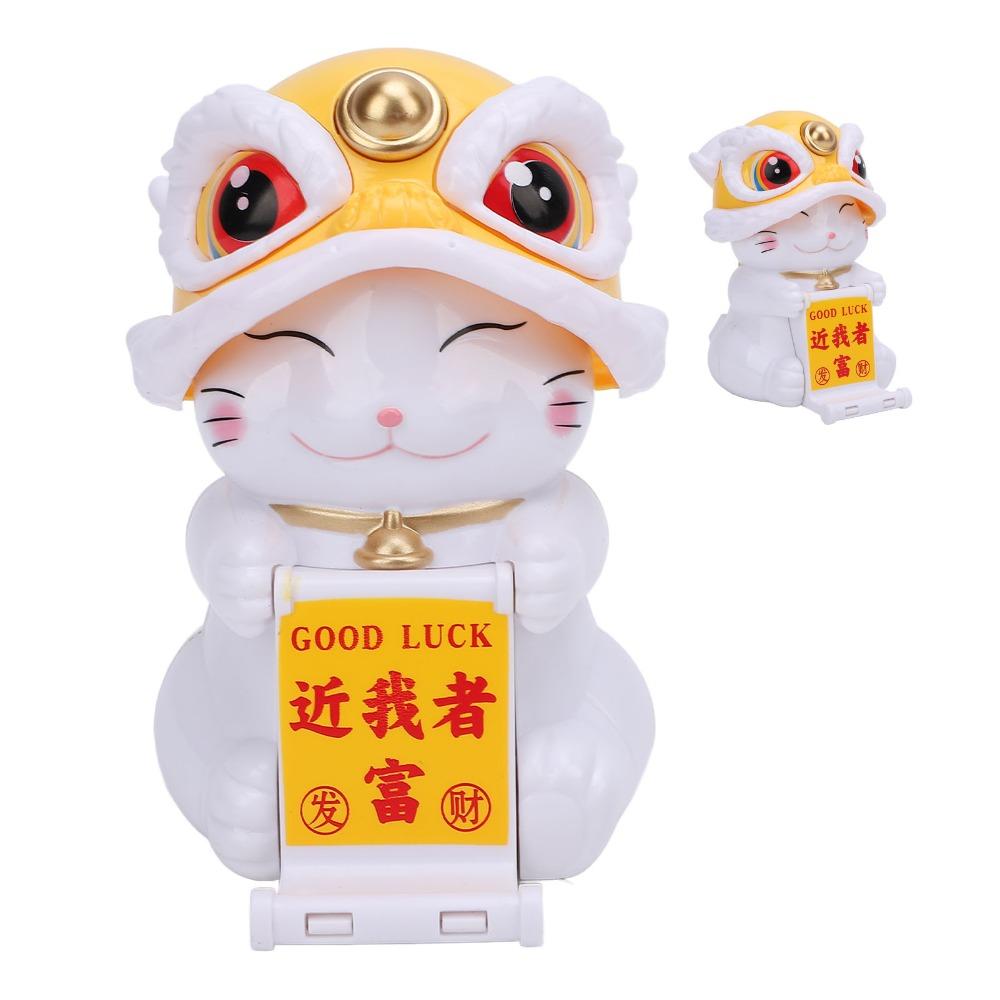 Red & Yellow Solar Nodding Lion Dance Cat Cultural Style Cat Figurine Office Desk Ornament