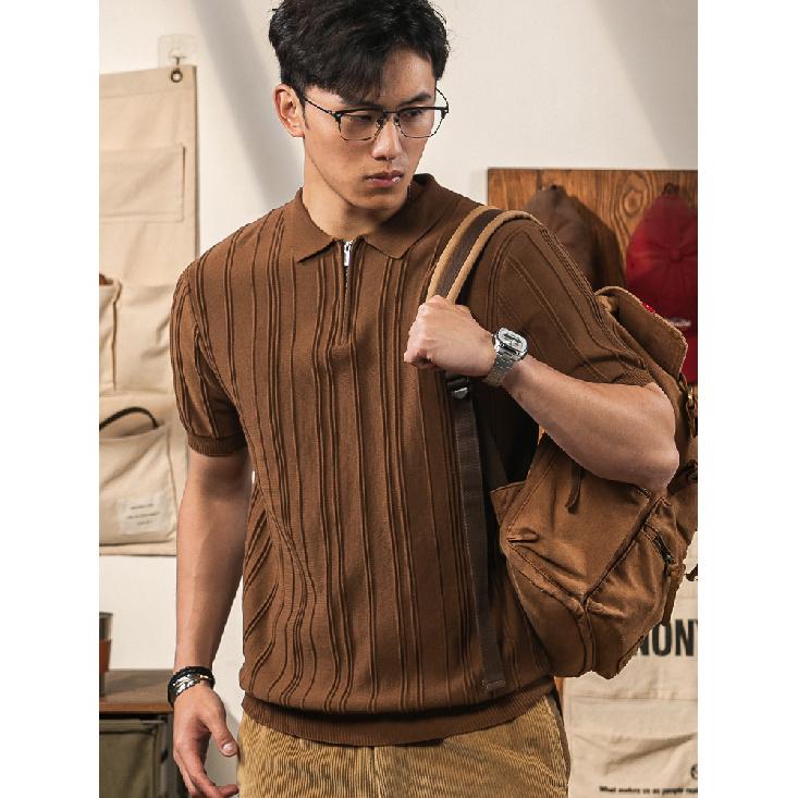 Short Sleeve Polo Shirt Men Summer Thin High-end Feel Ribbed Ice Silk Half-zip Turn-down Collar Slim Fit Knitted T-shirt