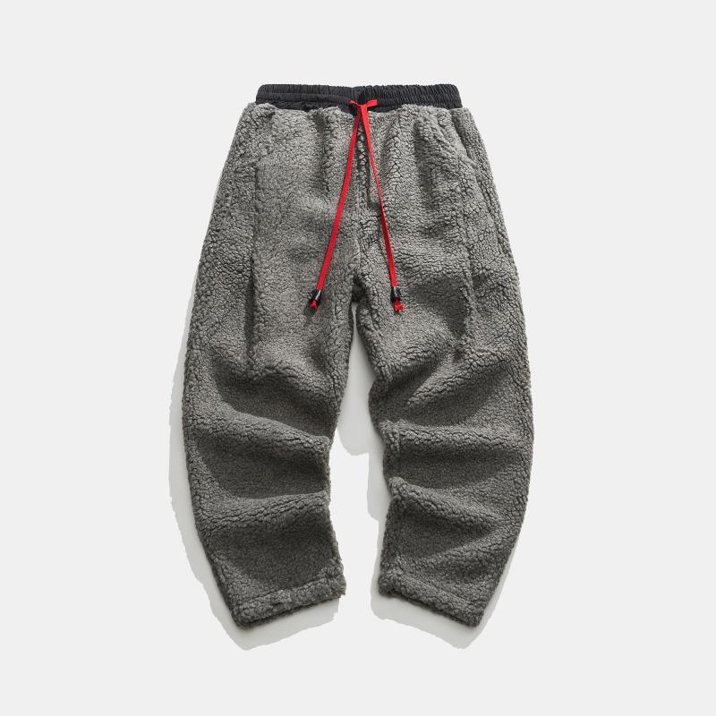 2024 Winter New Men Solid Color Fleece Pants Men Warm Retro Casual Lamb Wool Pants Men Streetwear Hiphop Loose Wide Leg Pants Mens Thick Trousers