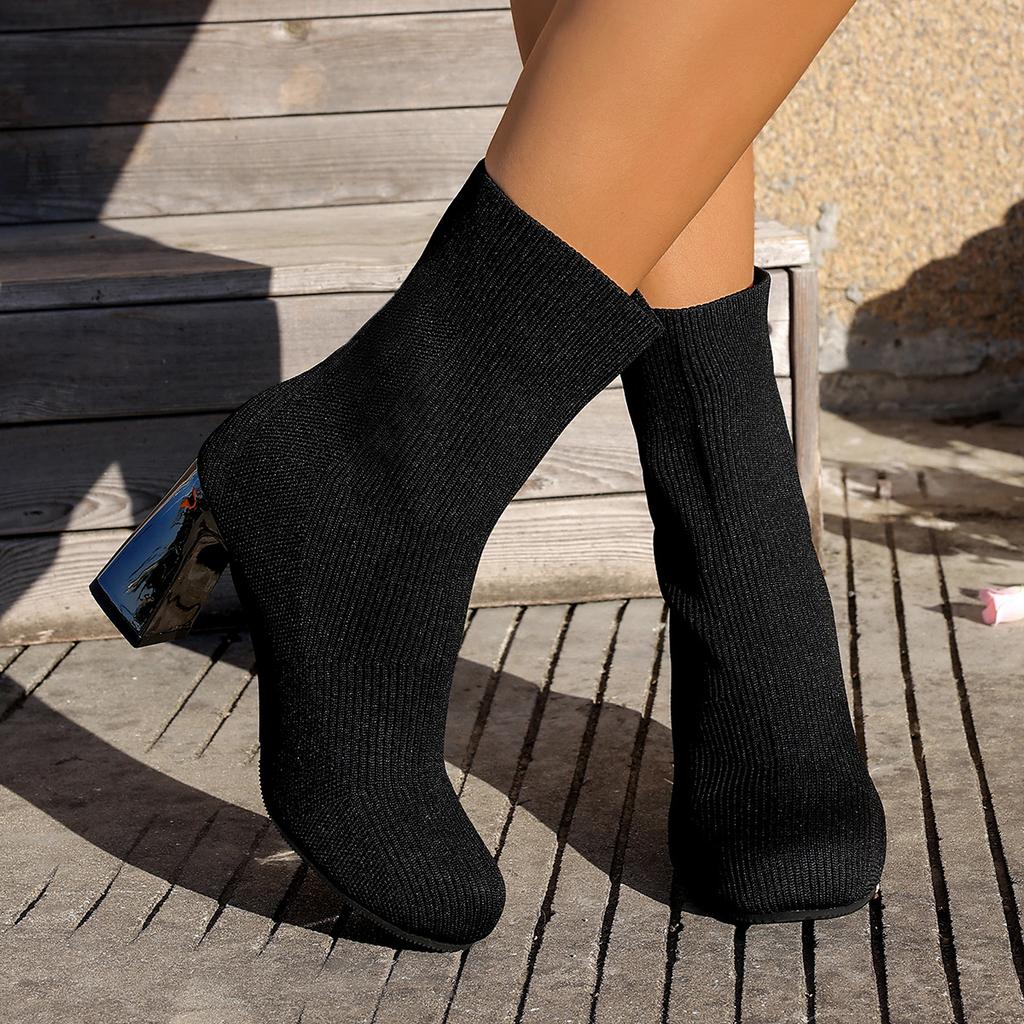 Large size high heels thin boots children autumn and winter new small square head medium tube thick heel elastic cloth socks boots women