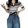 Black and White Striped Polo Collar Front Shoulder Short-sleeved T-shirt Women's Summer Design Sense Casual Short Lapel Knit Top