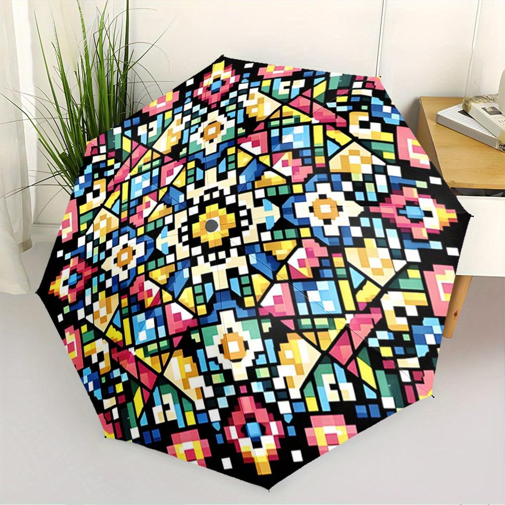 Automatic Folding Umbrella Geometric pixel art pattern. Portable collapsible design, casual outdoor accessory, for all seasons