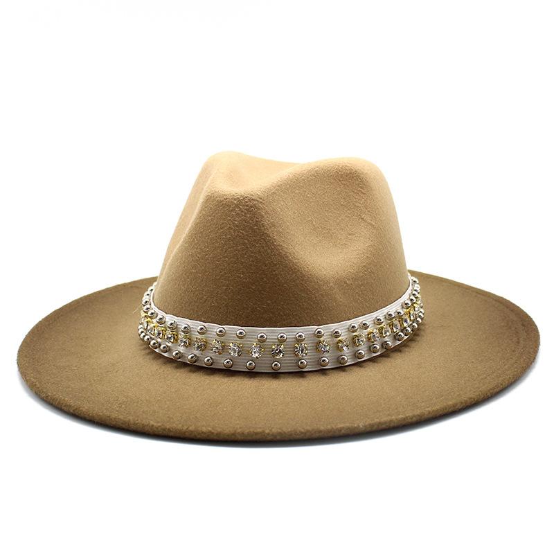 Hat Gradual Change Color Pearl Woolen Hat British Style Jazz Hat Big Brim Hat Ladies Top Hat