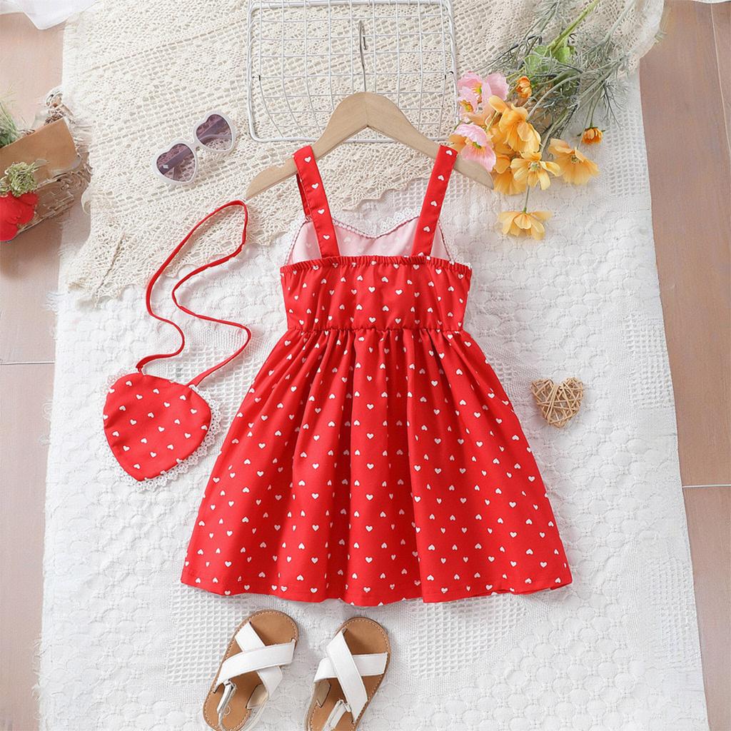 Dress For Girls 1-8Y Birthday Korean Style Fashion Lace Trim Heart Pattern Dress with Matching Bag