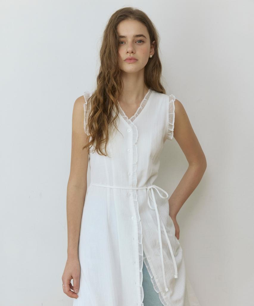 Adowl Lace Frill Line Jacquard Long Dress - White