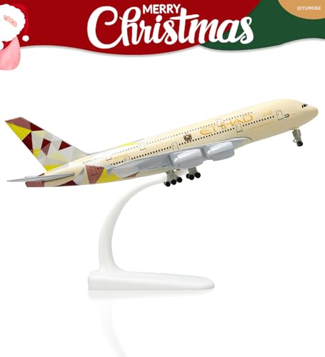123QIYUMOKE A380 1/300 Scale Diecast Metal Airplane Model - A380 Sky Jumbo Etihad 380 Model Airplane with Stand (7.5" Long), Aviation Enthusiast Gift