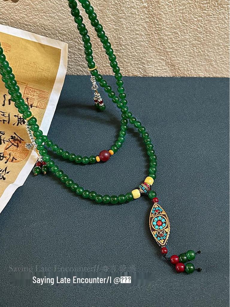 108-Bead Green Tassel Necklace - Long Chinese-Style Sweater Chain Accessory