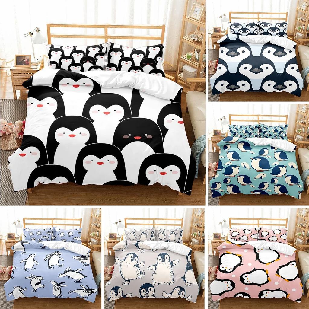 Cute Penguin Cartoon Animals Comfortable Duvet Quilt Cover Pillowcase Bedding Set Children Bedroom Decoration Home Textile