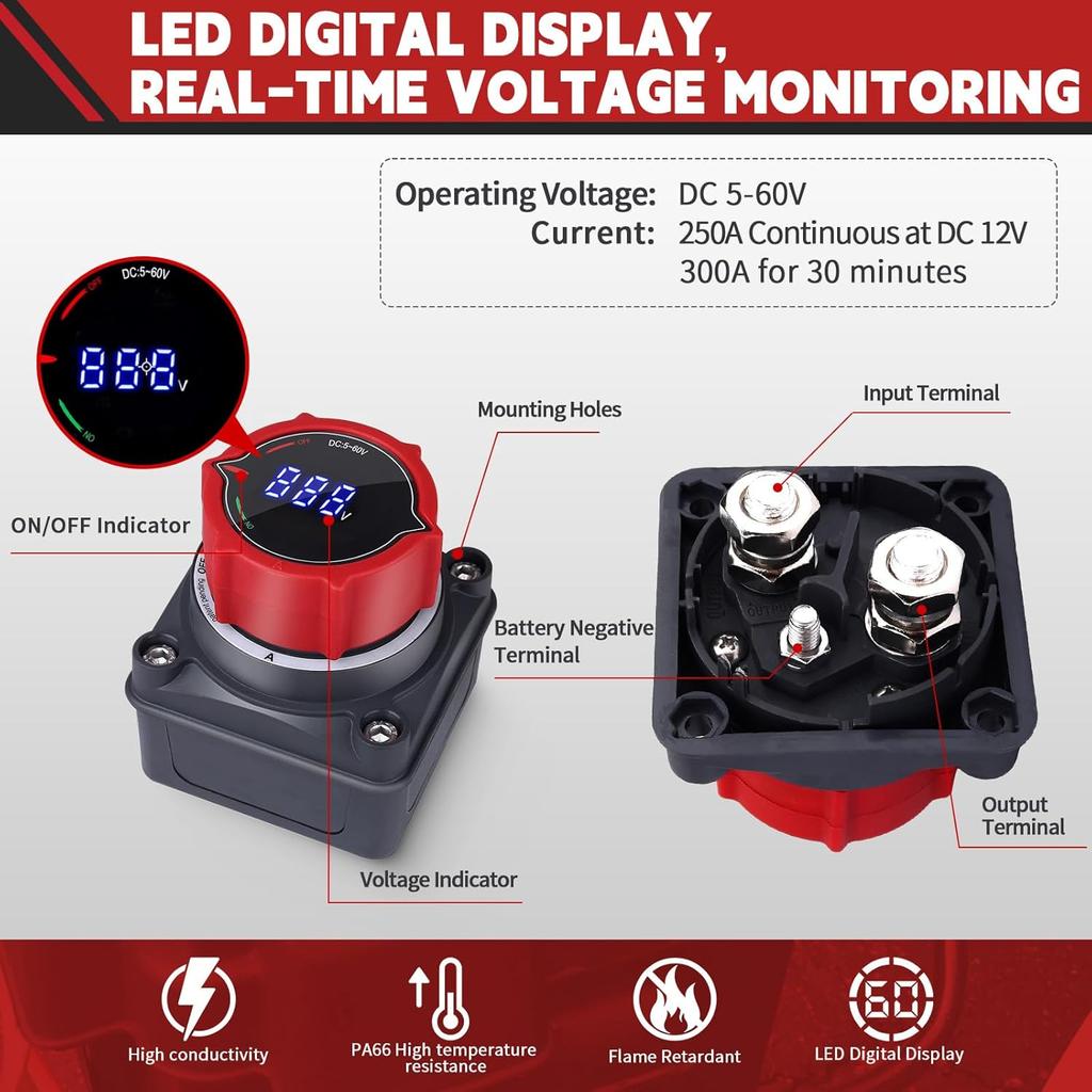 Upgrade Battery Disconnect Switch With Voltmeter, DC 5-60V Master Isolator Cut/Shut Off Switch For Marine Boat Car Truck Camper RV Trailer Vehicles
