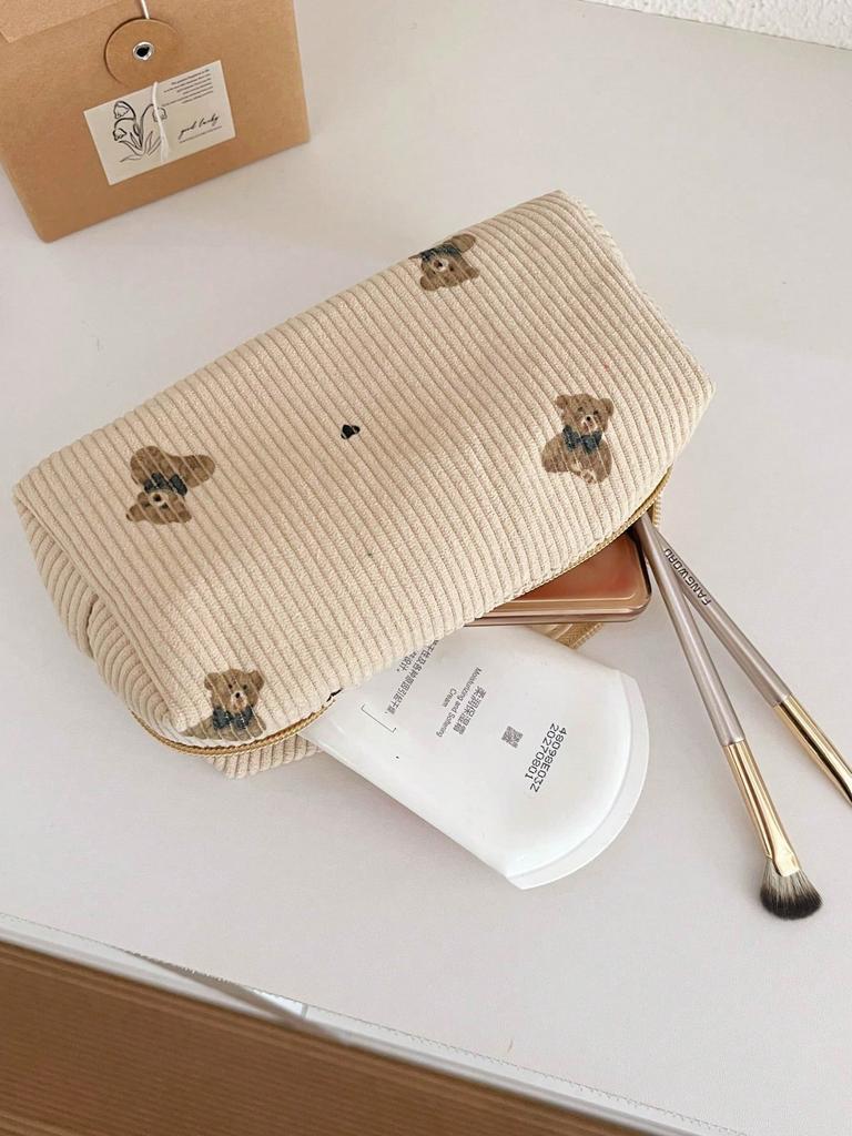 Corduroy Bear Pencil Bag Makeup Bag Large Capacity Multi functional Storage Bag Lipstick Makeup Brush Storage Bag