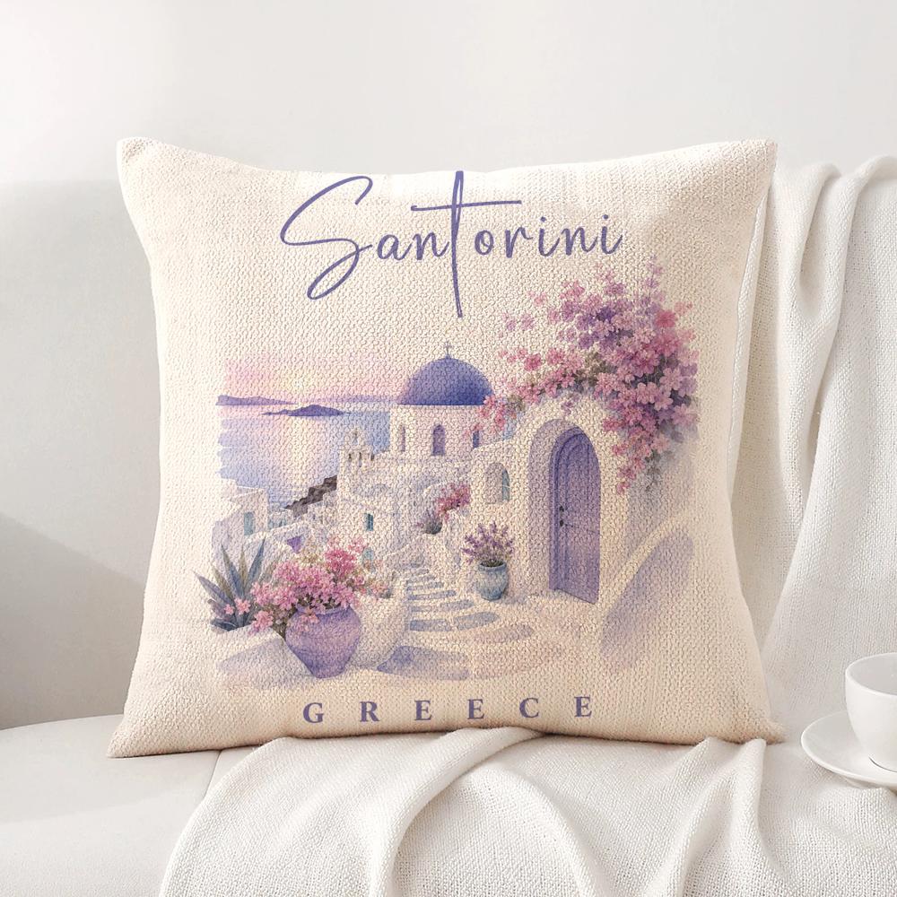 Greek Santorini Cushion Cover Linen Organic Fabric DoubleSided Printing Sofa Breathable Home Decor Gift Pillow Case