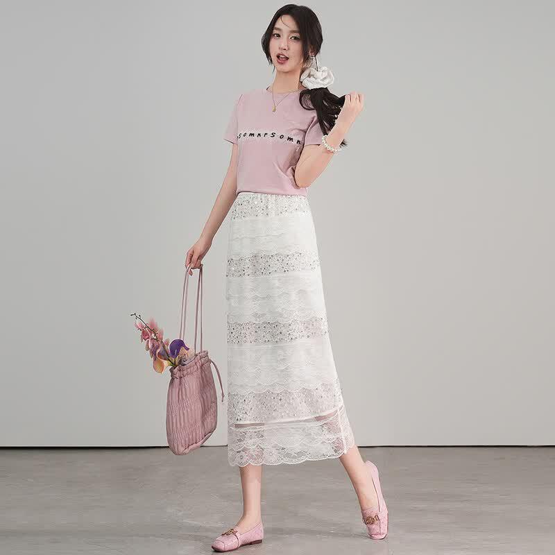 Elegant High-Waisted Lace Sequin Maxi Skirt S белый