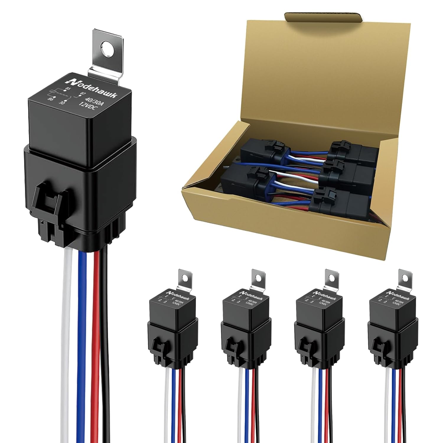 4-PIN Relay 40/30AMP 12V DC Automotive Relays Waterproof Relay with Harness Heavy Duty 12 AWG Tinned Copper Wires, 5 Pack 4 Pin