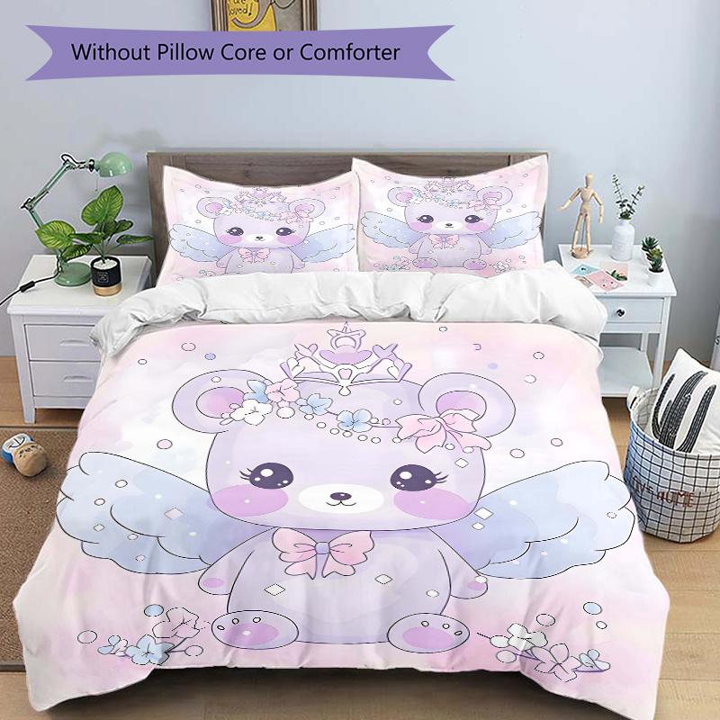 

3pcs Angel Bear with Crown Pattern Bedding Three-Piece Set (1 Cover + 2 Pillowcases, No Fillings), This Printed Bedding Set Is Soft and Comf 135cm*200cm