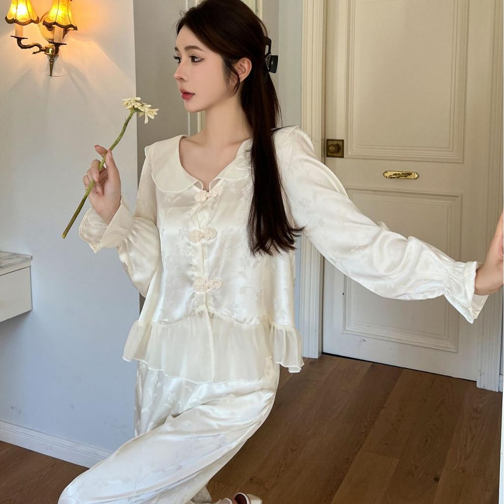 Ice silk jacquard autumn new pajamas women's Japanese sweet long-sleeved court style girl loungewear Xiaoxiangfeng pajamas