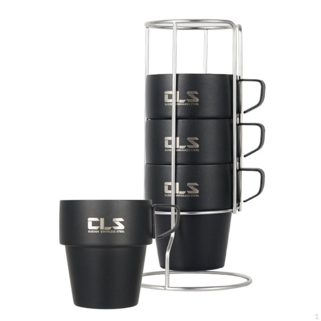 4 Pieces Stainless Steel Mug Set Matte Black Insulated DoubleLayer Camping Mugs 300 Ml Rack