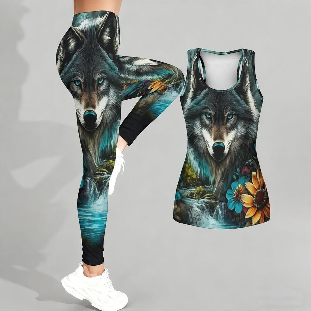 Wild Wolf Pattern Print Yoga Outfit for Women Fashion Workout Leggings Fitness Sports Casual Yoga Set Sports Suit